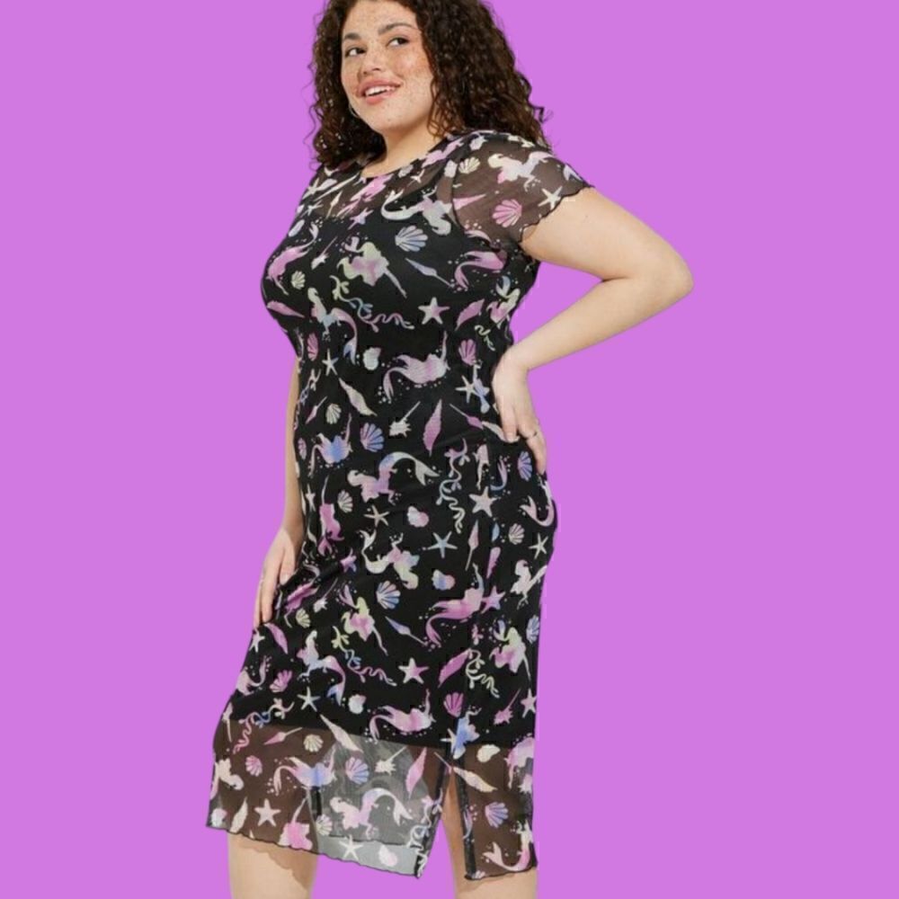 6X 30W Torrid Black Disney Little Mermaid Midi Mesh T Shirt Dress Princess paste